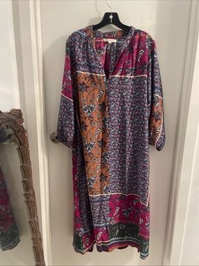 XiRENA XS Patchwork multicolor V-Neck pockets 3/4 elastic slv hem midi dress